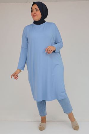 28092 Büyük Beden Düşük Kol Penye Tunik - Buz Mavi