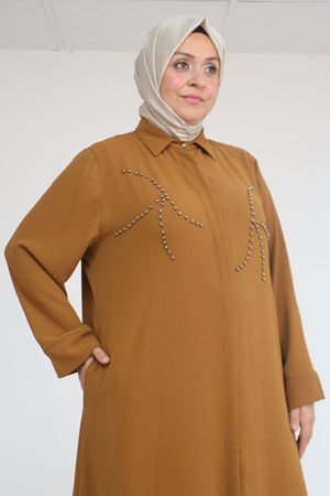 56017 Büyük Beden Taş İşleme Detaylı Krep Ferace - Hardal