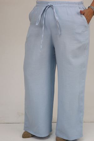 59021 Büyük Beden Beli Lastikli Müslin Bol Paça Pantolon - Açık Mavi