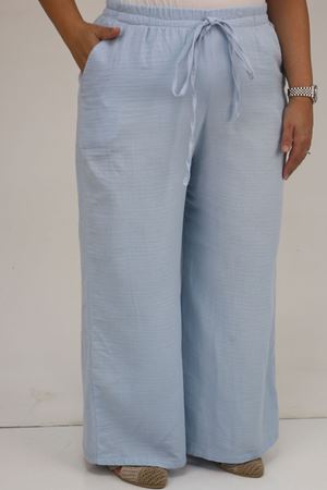 59021 Büyük Beden Beli Lastikli Müslin Bol Paça Pantolon - Açık Mavi