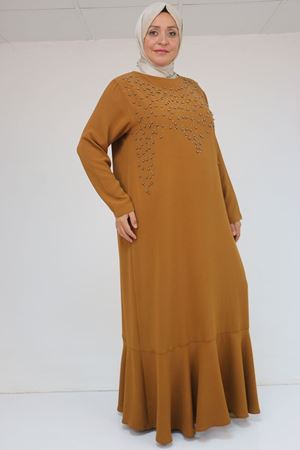 52025 Büyük Beden Etek Ucu Volanlı Taş Detaylı Elbise - hardal