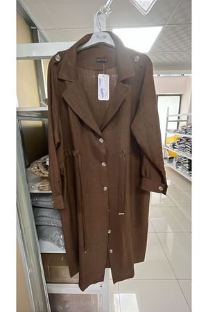 T-53004 Büyük Beden Kendinden Kuşaklı Melanj Trençkot - Kahve