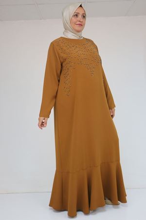 52025 Büyük Beden Etek Ucu Volanlı Taş Detaylı Elbise - hardal