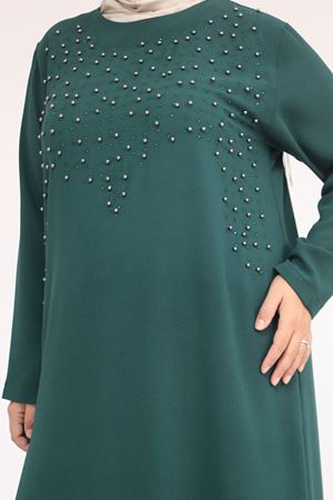 52025 Büyük Beden Etek Ucu Volanlı Taş Detaylı Elbise - Zümrüt