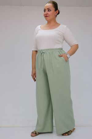 59021 Büyük Beden Beli Lastikli Müslin Bol Paça Pantolon - Nefti