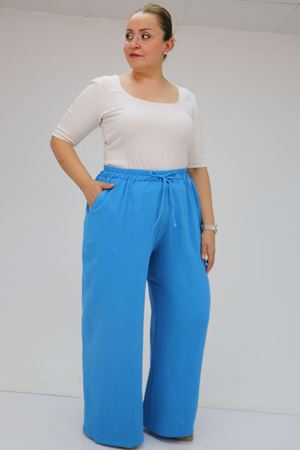59021 Büyük Beden Beli Lastikli Müslin Bol Paça Pantolon - İndigo