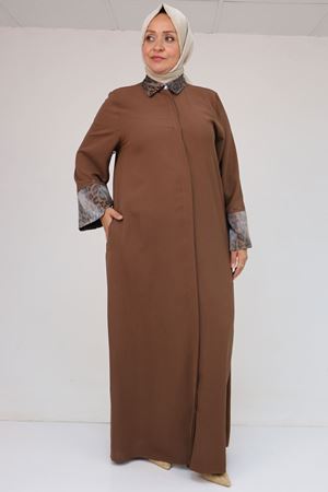 56005 Büyük Beden Kol Garnili Etamin Abaya Ferace - Kahve