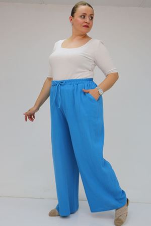 59021 Büyük Beden Beli Lastikli Müslin Bol Paça Pantolon - İndigo
