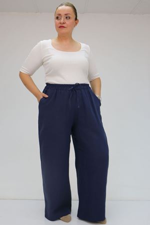 59021 Büyük Beden Beli Lastikli Müslin Bol Paça Pantolon - Lacivert