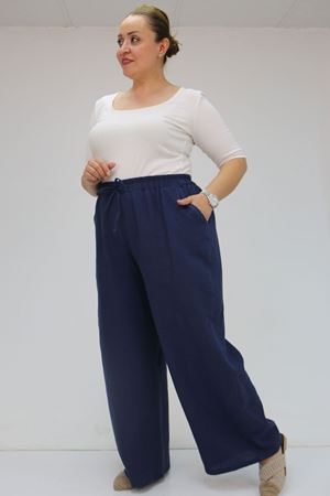 59021 Büyük Beden Beli Lastikli Müslin Bol Paça Pantolon - Lacivert