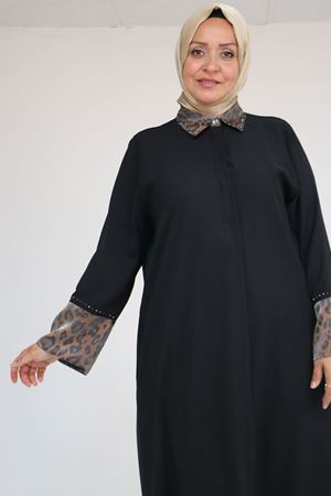 56005 Büyük Beden Kol Garnili Etamin Abaya Ferace - Siyah