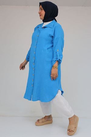 58071-1 Büyük Beden Önleri Torba Cepli Müslin Gömlek - Mavi