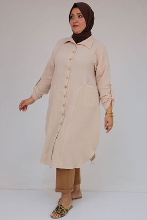 58071-1 Büyük Beden Önleri Torba Cepli Müslin Gömlek - Bej