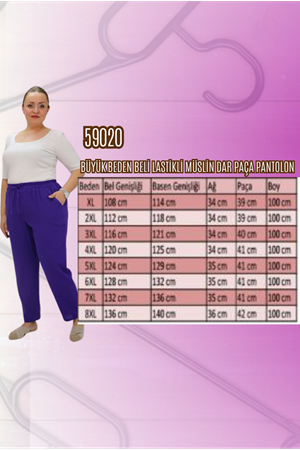 59020 Büyük Beden Beli Lastikli Müslin Dar Paça Pantolon - Beyaz