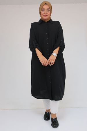 48058 Büyük Beden  Düğmeli Müslin Gömlek - Siyah