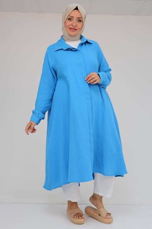 58093 Büyük Beden Mevlana Kesim Müslin Gömlek - Mavi