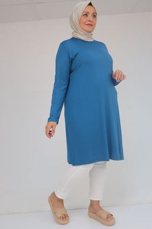 38501 Büyük Beden Basic Penye Tunik -Petrol