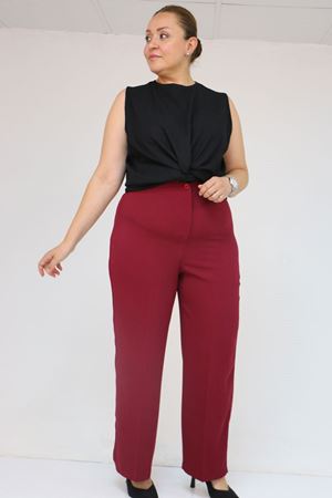 59016 Büyük Beden Beli Düğmeli Krep Pantolon - Bordo