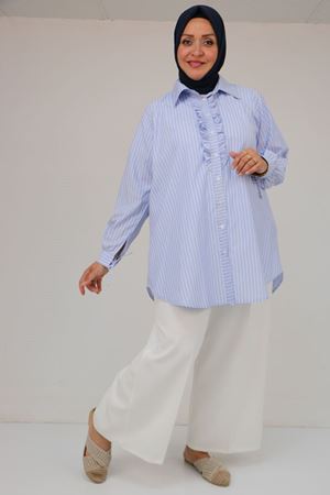 58075-1 Büyük Beden Önü Fırfır Detaylı Erkek Yaka Poplin Gömlek - Çizgili Mavi