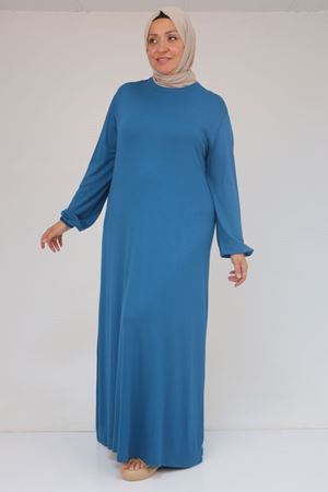 22008 Büyük Beden Kolu Lastikli Elbise - Petrol