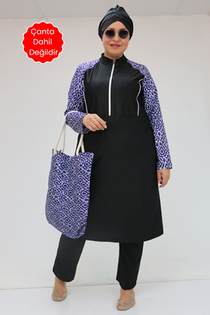 1733 Büyük Beden Fermuarlı Tesettür Mayo - Damla Desen Saks