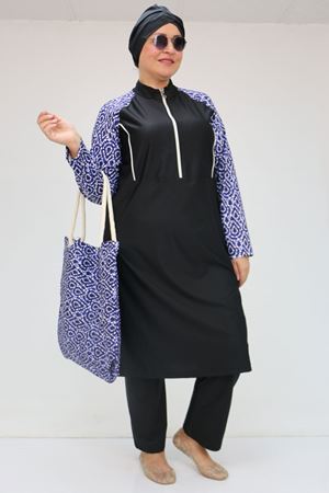 1733 Büyük Beden Fermuarlı Tesettür Mayo - Damla Desen Saks