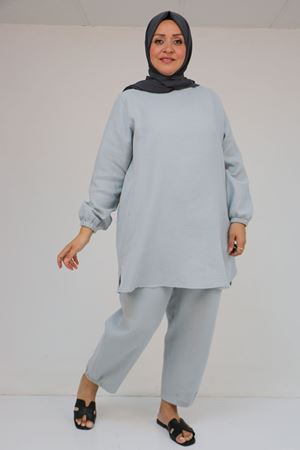 57048 Büyük Beden Kolları Lastikli Müslin Pantolonlu Takım - Gri