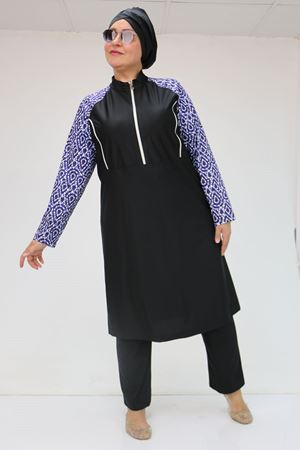 1733 Büyük Beden Fermuarlı Tesettür Mayo - Damla Desen Saks