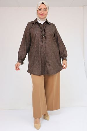 58075 Büyük Beden Önü Fırfır Detaylı Erkek Yaka Gömlek - Kahve Kırçıllı