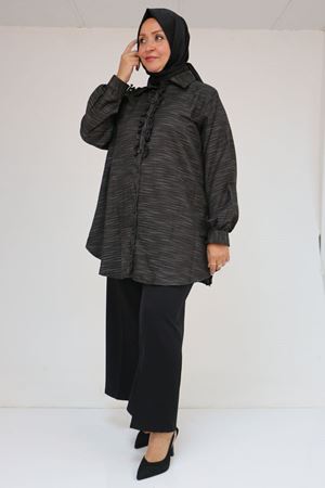 58075 Büyük Beden Önü Fırfır Detaylı Erkek Yaka Gömlek - Siyah Kırçıllı