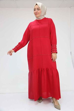 T-52007 Büyük Beden Kolu Pileli Ve Taş Detaylı  Keten Elbise - Bordo