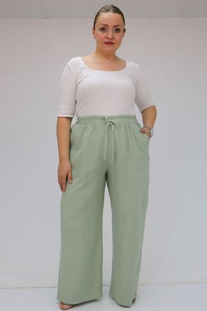 59021 Büyük Beden Beli Lastikli Müslin Bol Paça Pantolon - Nefti