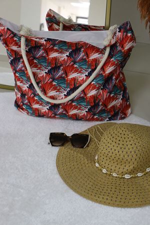 102 Büyük Plaj Çantası - Yaprak Desen Oranj