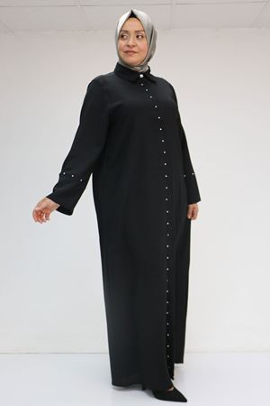 56012 Büyük Beden Kol Garnili Etamin Abaya Ferace - Siyah