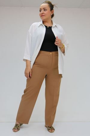 59010 Büyük Beden Beli Düğmeli Double Pantolon - Taba