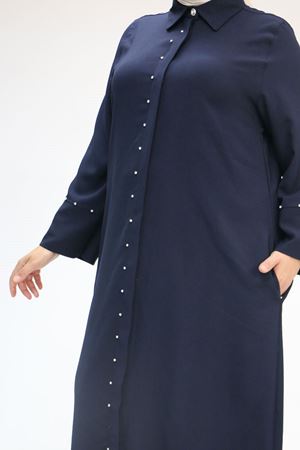 56012 Büyük Beden Kol Garnili Etamin Abaya Ferace - Lacivert