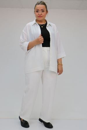 59010 Büyük Beden Beli Düğmeli Double Pantolon - Ekru