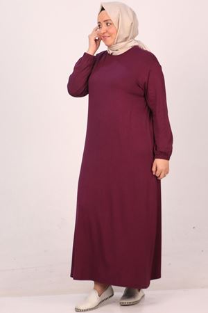 22008 Büyük Beden Kolu Lastikli Penye Elbise-Mürdüm