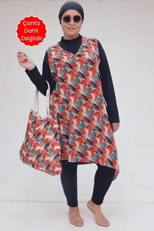 1723 Büyük Beden Uzun Kol Şifon Pareolu Tesettür Mayo Takım - Yaprak Desen Oranj