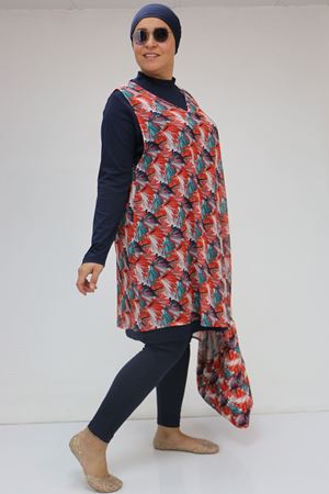 1723 Büyük Beden Uzun Kol Şifon Pareolu Tesettür Mayo Takım - Yaprak Desen Oranj