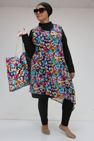 1723 Büyük Beden Uzun Kol Şifon Pareolu Tesettür Mayo Takım - Karışık Desen Mavi