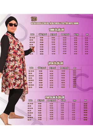 1723 Büyük Beden Uzun Kol Şifon Pareolu Tesettür Mayo Takım - Karışık Desen Mavi