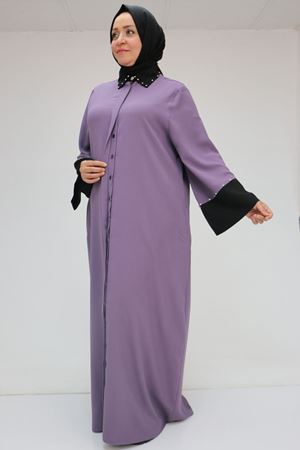 56008 Büyük Beden Kol Garnili Etamin Abaya Ferace - Lila-Siyah