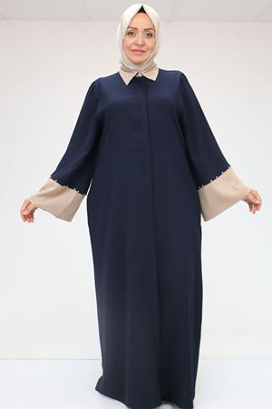 56008 Büyük Beden Kol Garnili Etamin Abaya Ferace - Lacivert-Vizon