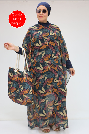 1719 Büyük Beden Pareo - Yaprak Desen Hardal