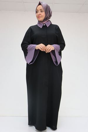 56008 Büyük Beden Kol Garnili Etamin Abaya Ferace - Siyah-Lila