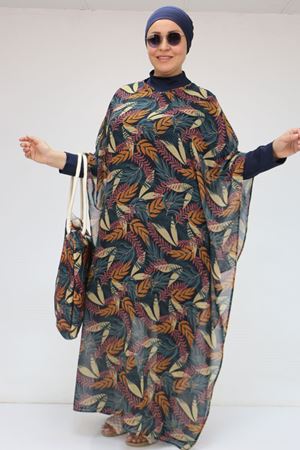 1719 Büyük Beden Pareo - Yaprak Desen Hardal