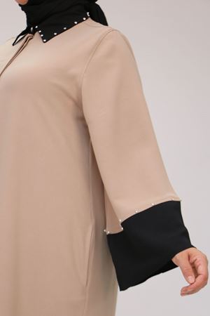 56008 Büyük Beden Kol Garnili Etamin Abaya Ferace - Siyah-Vizon