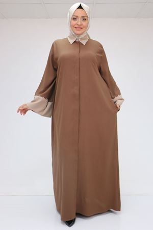 56008 Büyük Beden Kol Garnili Etamin Abaya Ferace - Kahve - Vizon