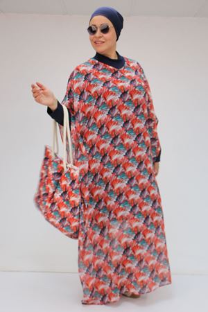 1719 Büyük Beden Pareo - Yaprak Desen Oranj